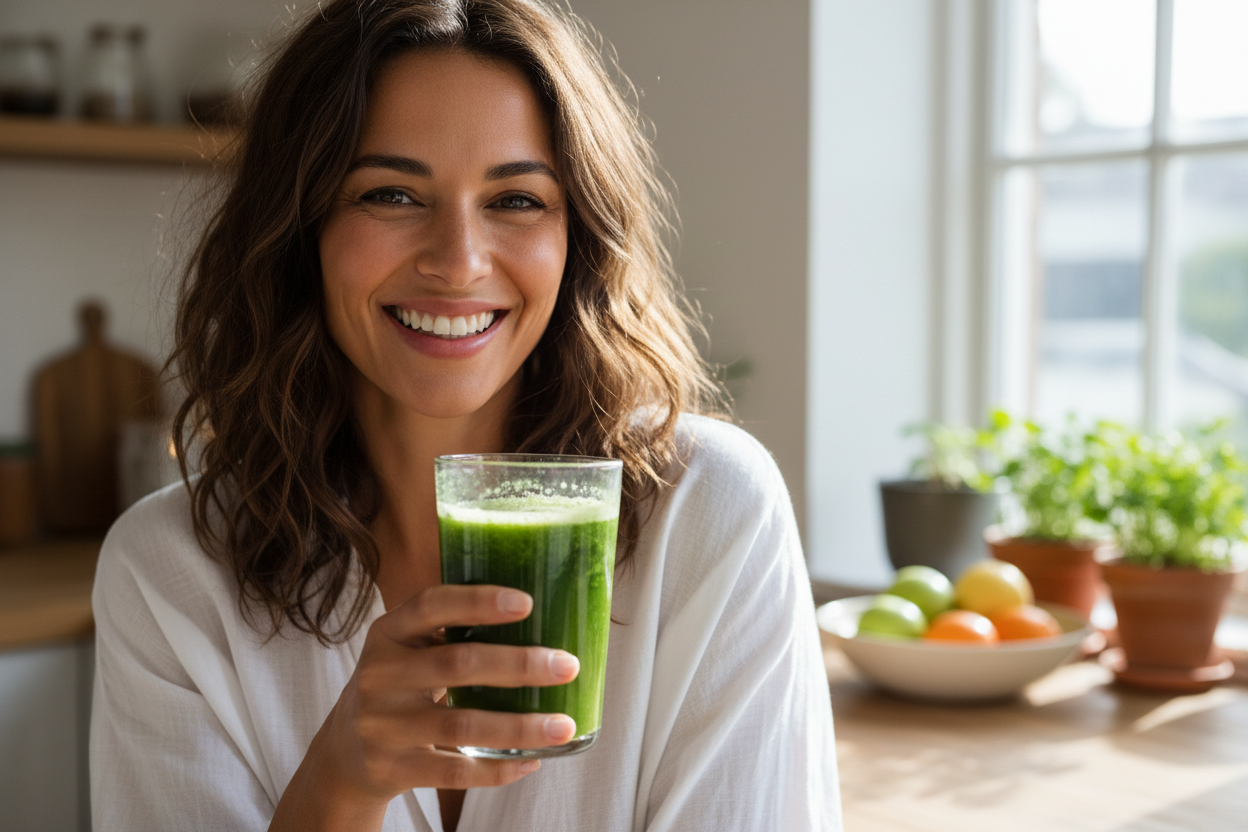 Easy stir and drink. show a pretty medium skin color woman enjoying the greens beverage. they are holding it and smiling