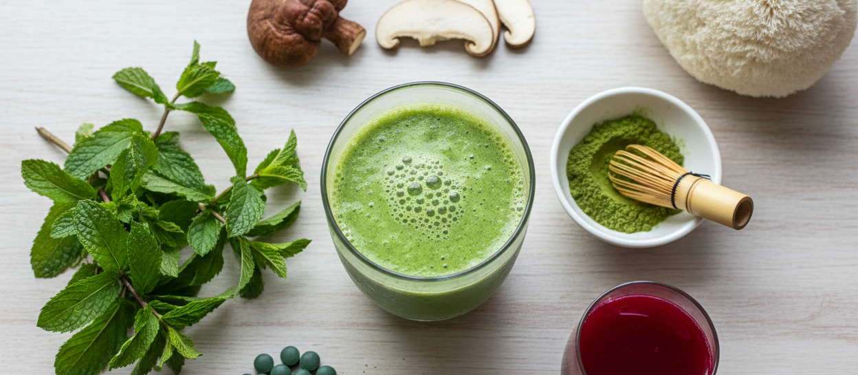 greens drink surrounded by: mint, matcha and chlorella, and reishi mushroom and beet juice and lions mane next to it